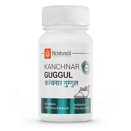 Krishna's Herbal & Ayurveda Kanchnar Guggul Ayurvedic tablets in a bottle, herbal supplement for health and wellness.