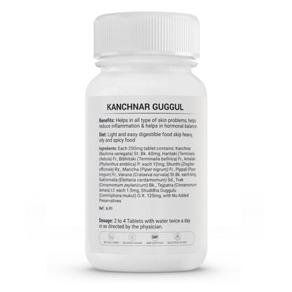 Krishna's Herbal & Ayurveda Kanchnar Guggul Ayurvedic tablets in a blister pack, showing 60 tablets with herbal branding.