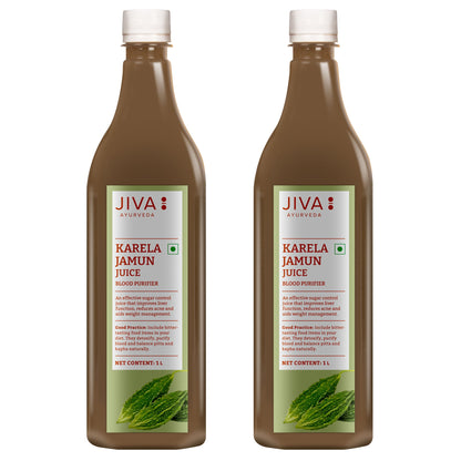 Bottle of Jiva Ayurveda Karela Jamun Juice, an Ayurvedic drink with dark herbal liquid in a clear glass bottle.