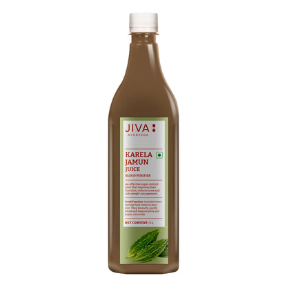 Bottle of Jiva Ayurveda Karela Jamun Juice for Ayurvedic health, featuring the product label on a clear bottle.