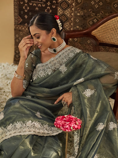 Indyancart KS Women's Embellished Beads and Stones Supernet Saree