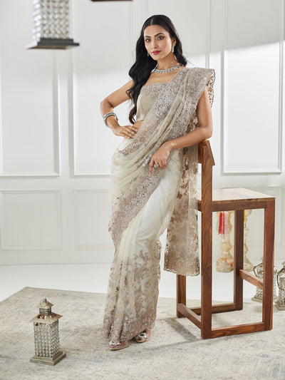 Indyancart KS Women's Floral Embellished Beads and Stones Net Saree
