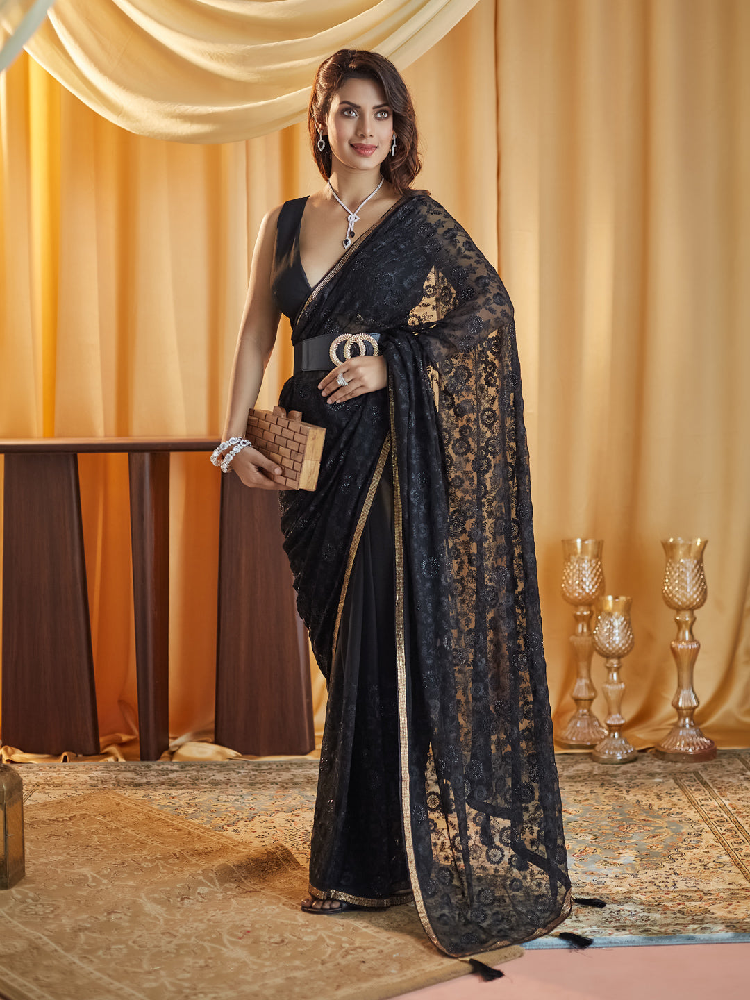 Indyancart KS Women's Embellished Chikankari Pure Chiffon Saree
