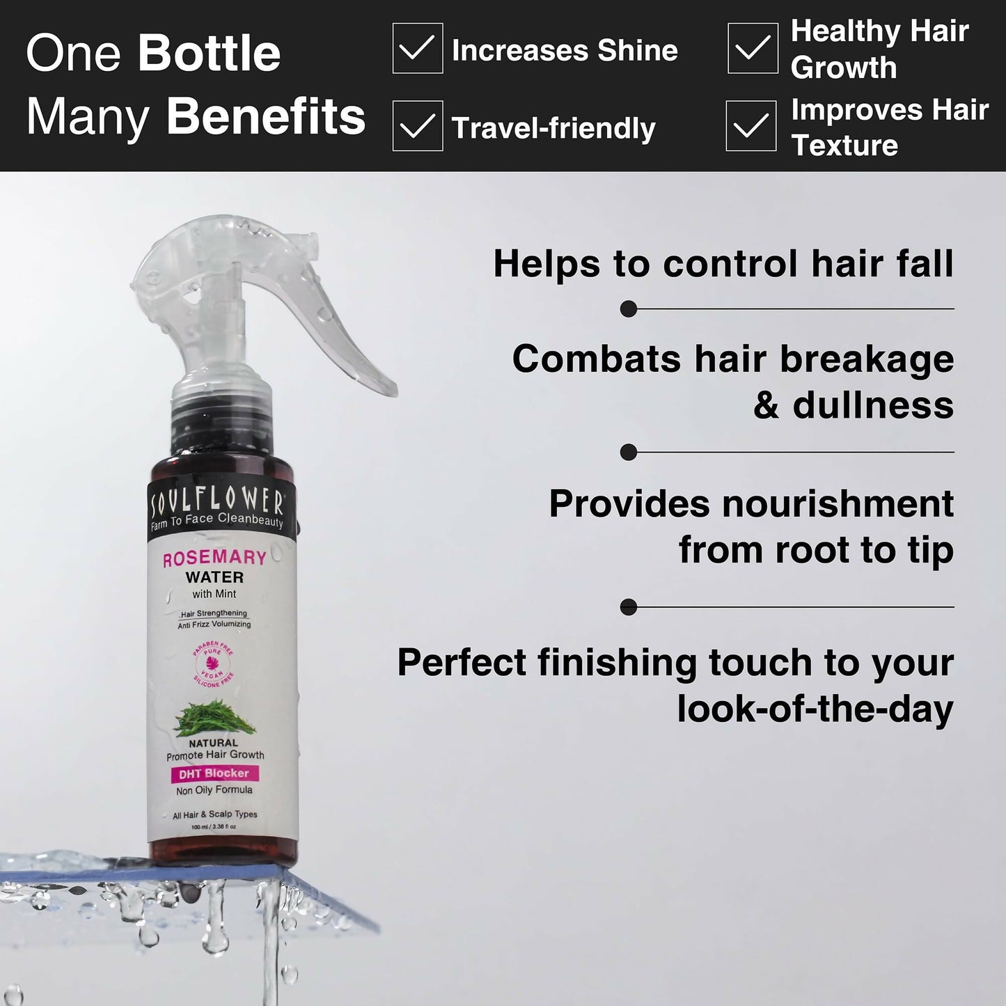 Soulflower rosemary water spray with mint for hair growth, control, scalp health, and anti-frizz in a clear spray bottle.