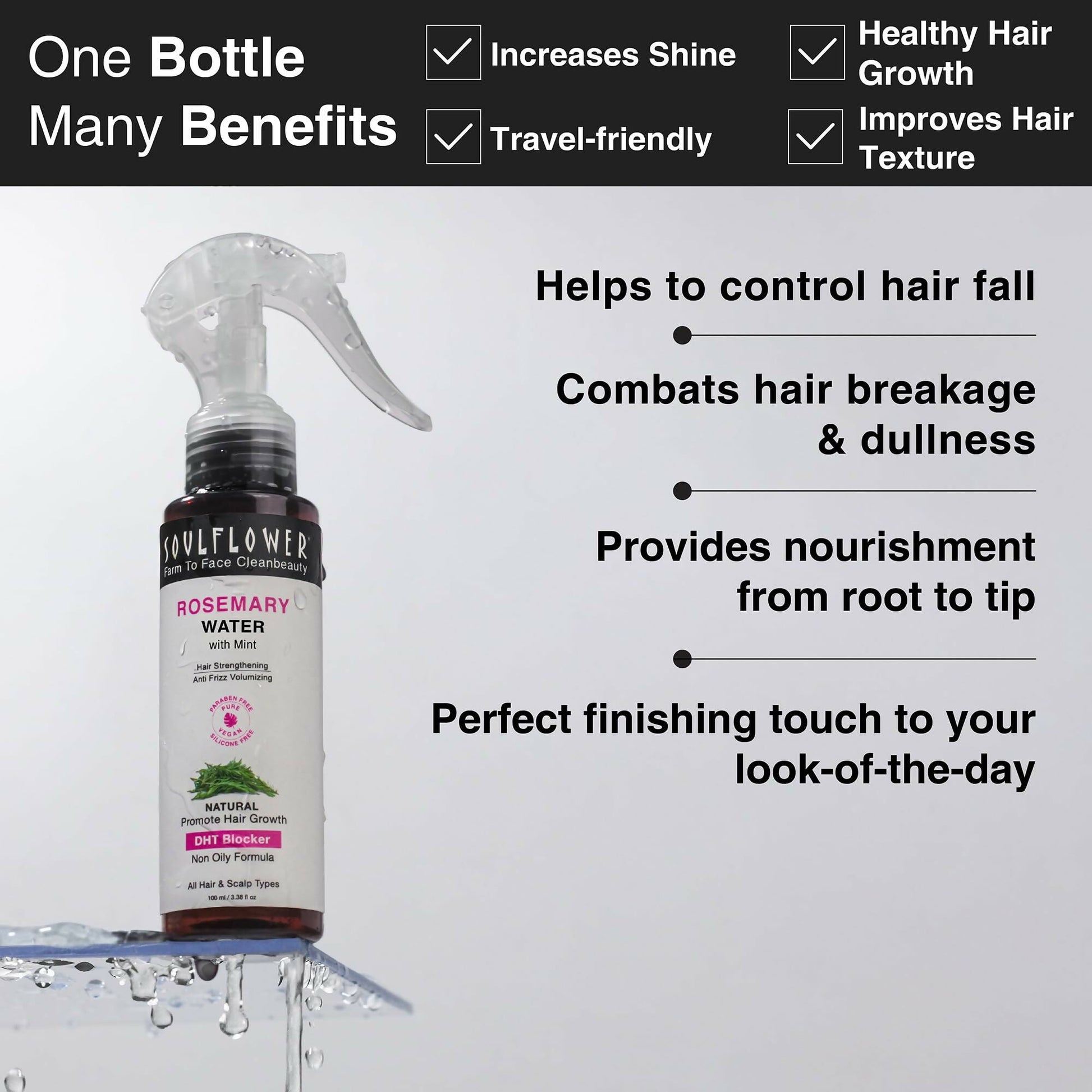 Soulflower rosemary water spray with mint for hair growth, control, scalp health, and anti-frizz in a clear spray bottle.