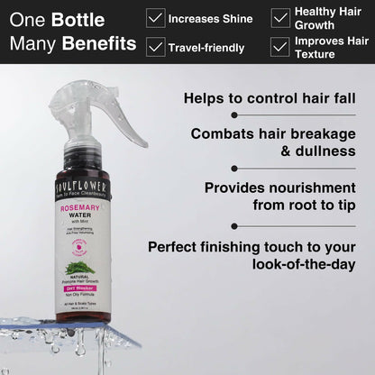Soulflower rosemary water spray with mint for hair growth, control, scalp health, and anti-frizz in a clear spray bottle.