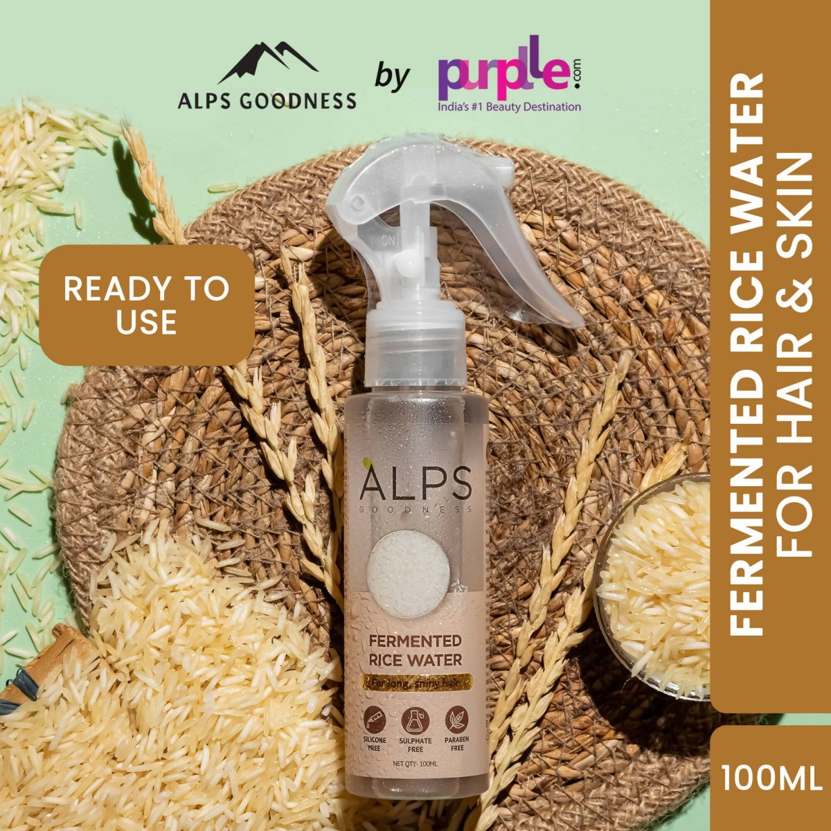 Alps Goodness fermented rice water face toner bottle with clear liquid and minimalist label, suitable for hair and skin care.