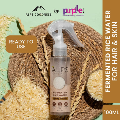 Alps Goodness fermented rice water face toner bottle with clear liquid and minimalist label, suitable for hair and skin care.