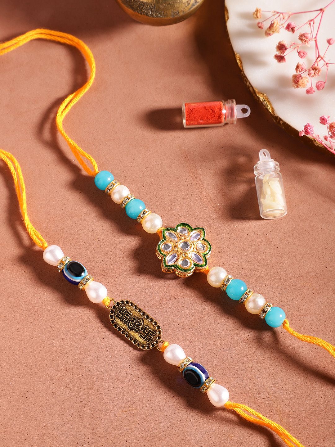 Anouk Unisex Set of 2 Beaded Bhai Bhabhi Rakhis With Roli & Chawal