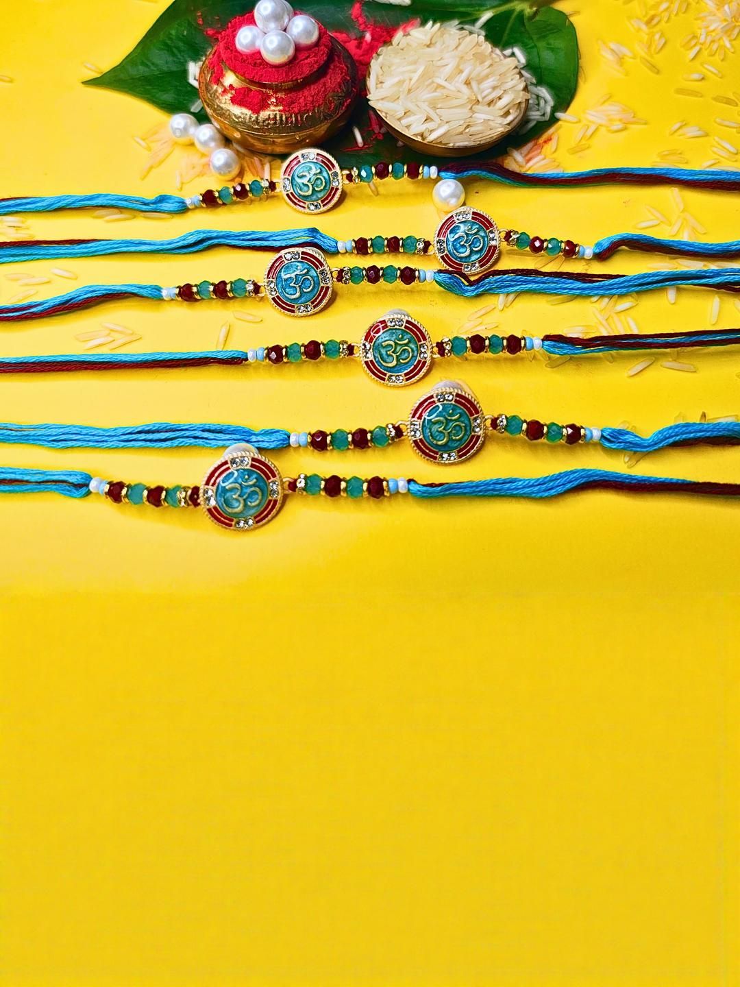 Anouk Set Of 6 Beaded Cotton Thread with AD Stones & Meenakari Designer Rakhi for Brother