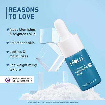 Plum Brightening Face Serum with 10% Niacinamide and Rice Water, showing the serum bottle and applicator on a neutral background.