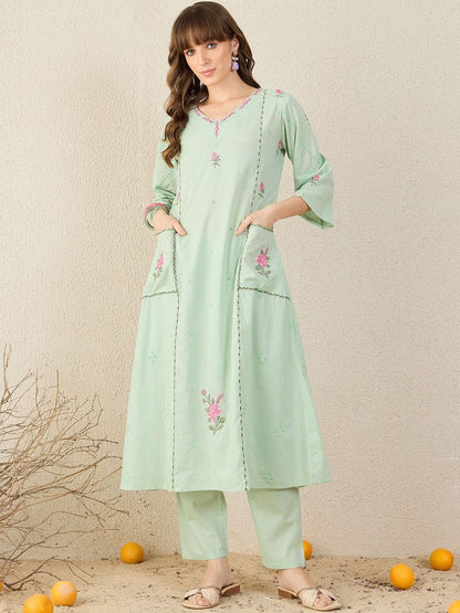 Women Embroidered Beads and Stones Pure Cotton Kurta with Trousers