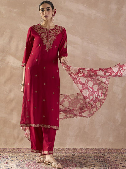 Ethnic Motifs Embroidered Thread Work Straight Kurta With Trousers & Dupatta