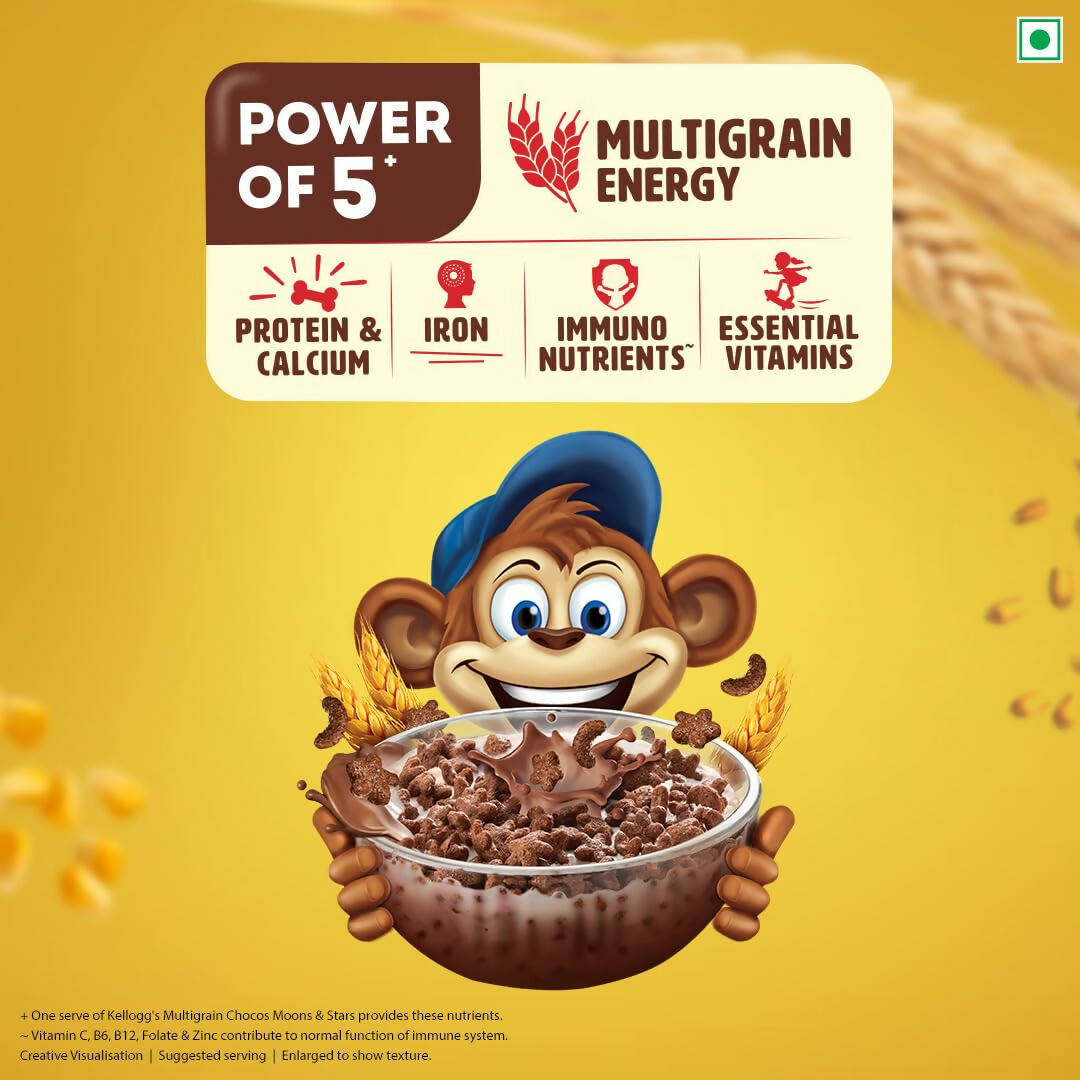Kellogg's Multigrain Chocos Duet baby cereal box showing colorful packaging with images of cereal and a smiling child.