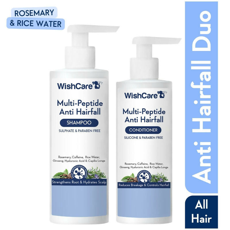 Wishcare Multi Peptide Anti Hairfall Shampoo and Conditioner duo for strengthening hair and reducing hair fall.