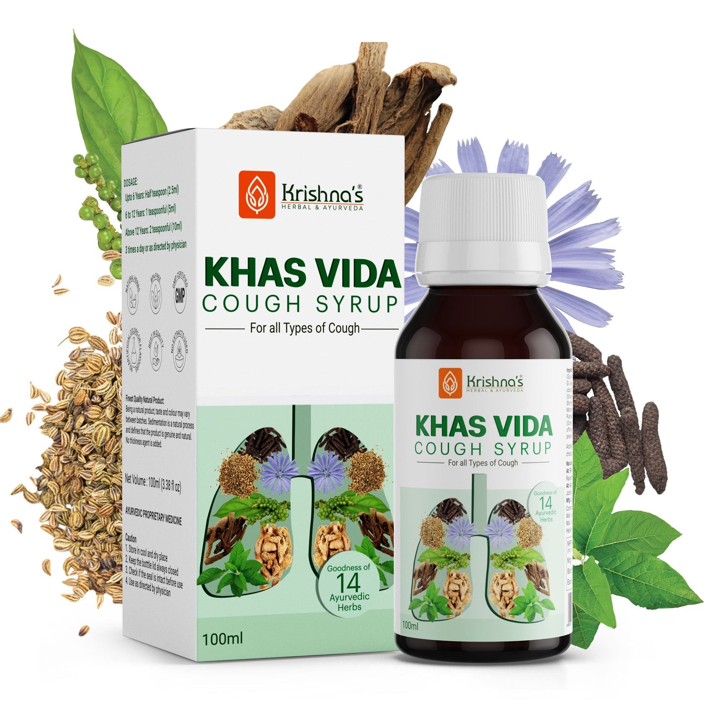 Krishna's Herbal & Ayurveda Khas Vida cough syrup bottle with herbal ingredients, in a natural setting.