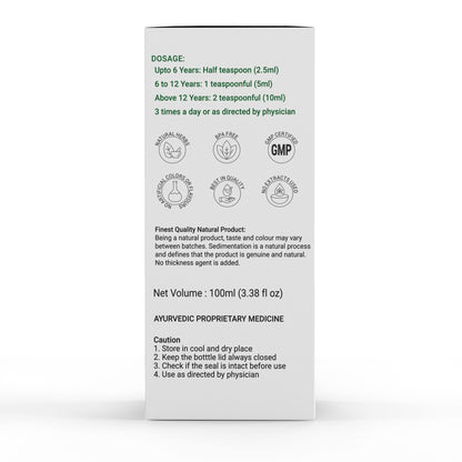 Bottle of Krishna's Herbal & Ayurveda Khas Vida Cough Syrup in a clear plastic bottle with a green cap, labeled as Ayurvedic syrup.
