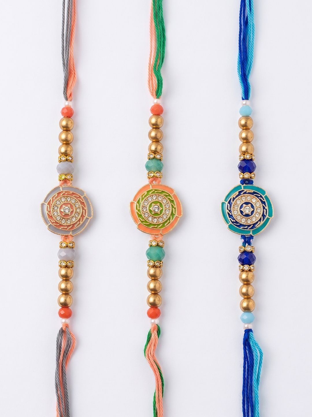 Anouk Set Of 3 Floral Design Multicolor Artificial Beads Thread Rakhi With Roli Chawal
