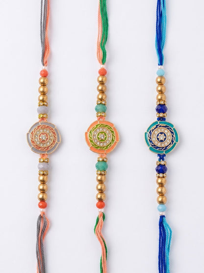 Anouk Set Of 3 Floral Design Multicolor Artificial Beads Thread Rakhi With Roli Chawal