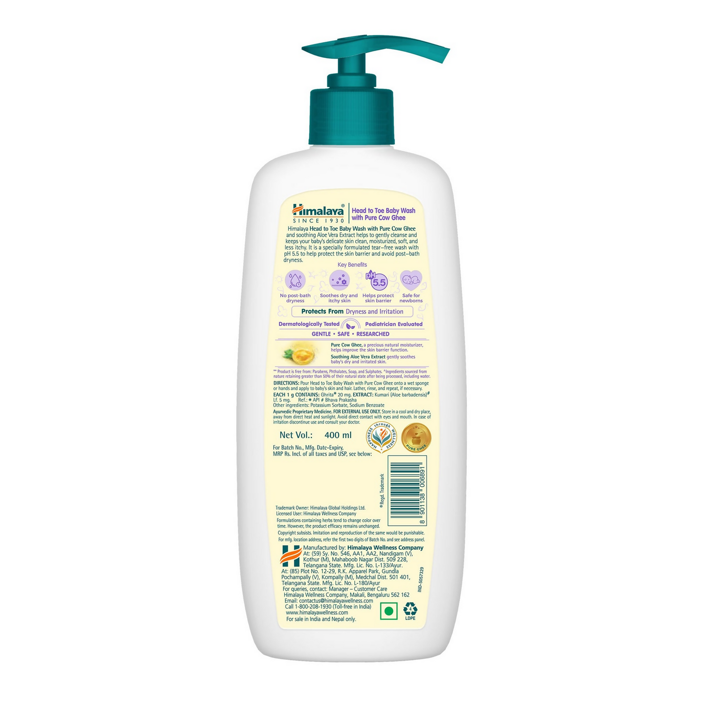Himalaya Herbals Baby Wash with pure cow ghee, gentle baby care product in a pump bottle, suitable for head to toe cleansing.