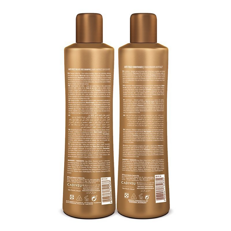 Cadiveu Brasil Cacau anti-frizz shampoo and conditioner set with smooth, shiny hair in a sleek bottle design.