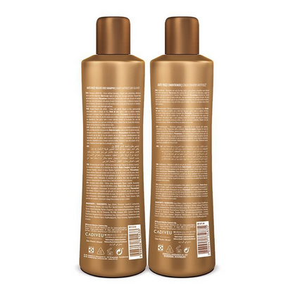 Cadiveu Brasil Cacau anti-frizz shampoo and conditioner set with smooth, shiny hair in a sleek bottle design.