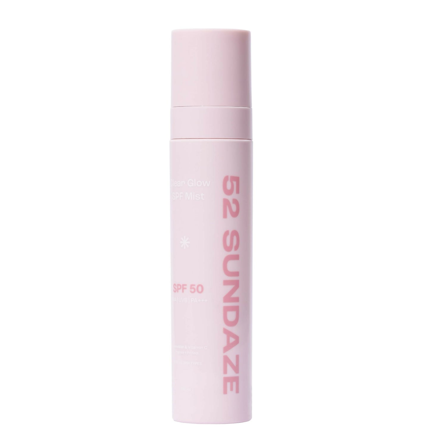 52 Sundaze Rosewater Sunscreen Mist SPF 50+ PA++++ spray with clear glow, featuring a sleek bottle and mist nozzle for sun protection.