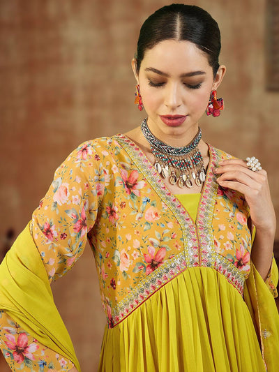 Indyancart SN Women's Floral Yoke Design Empire Sequinned Georgette A-Line Kurta With Trouser & Dupatta