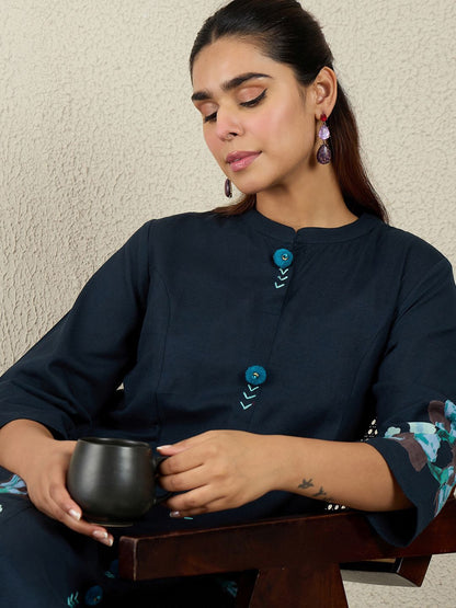 Women Floral Printed Mandarin Collar Pure Cotton Kurta with Trousers