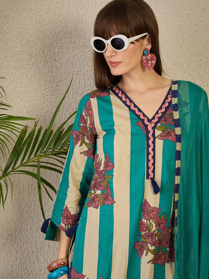 Women Floral Printed Regular Pure Cotton Kurta with Trousers & Dupatta