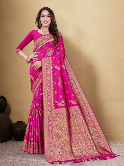 Indyancart GR Women's Kocham Silk Hot Pink Silk Woven Saree