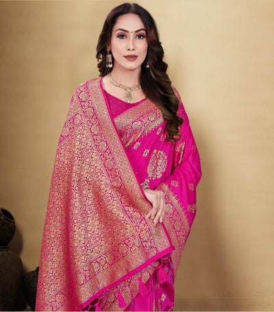 Indyancart GR Women's Kocham Silk Hot Pink Silk Woven Saree