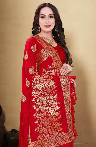 Indyancart GR Women's Kocham Silk Red Silk Woven Saree