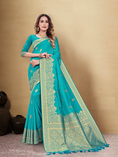 Indyancart GR Women's Kocham Silk Light Blue Silk Woven Saree