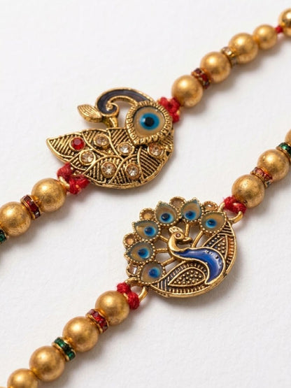 Anouk Set Of 2 Peacock & Ghungroo Design Multicolor Thread Rakhi With Roli Chawal Chandan