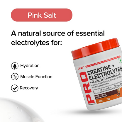 GNC Creatine+ Electrolytesh Cola Ayurvedic protein powder container with label showing product details and branding.
