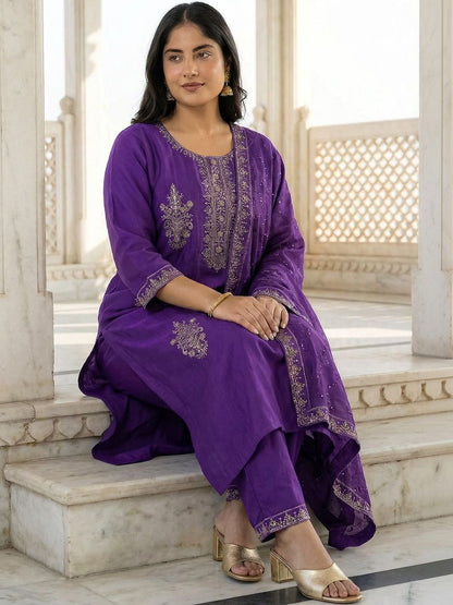 Indyancart Women's Ethnic Motifs Embroidered Regular Thread Work Kurta with Trousers & With Dupatta
