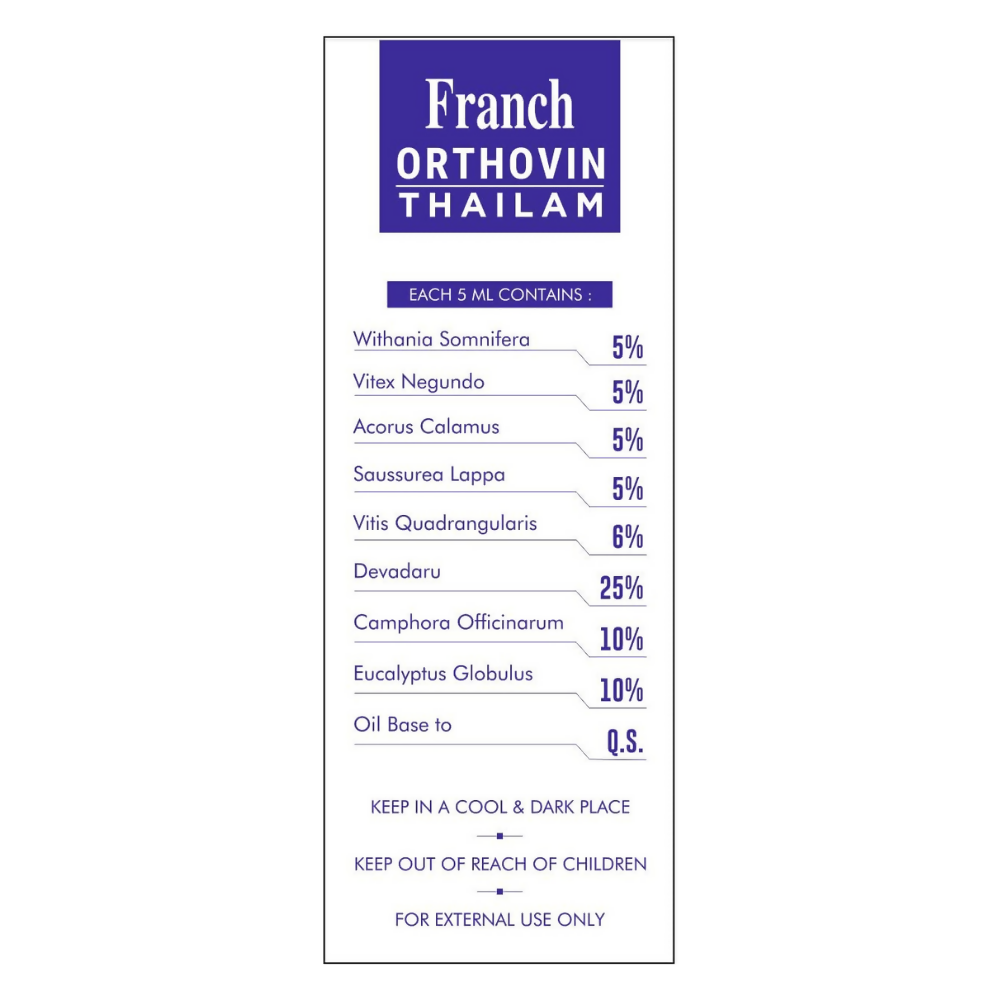 Bottle of Franch Orthovin Thailam highly concentrated Ayurvedic oil with herbal ingredients, used for traditional healing and wellness.