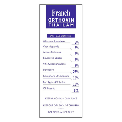 Bottle of Franch Orthovin Thailam highly concentrated Ayurvedic oil with herbal ingredients, used for traditional healing and wellness.