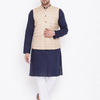 Men's Navy Blue Cotton Blend Straight Jacket  Kurta and Pyjama Set