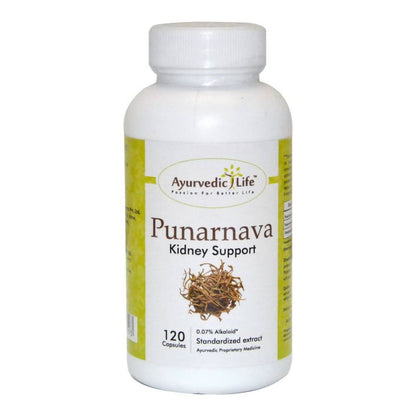 Ayurvedic Life Punarnava Capsules in a clear plastic bottle with a white label and green accents, close-up view.