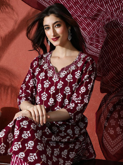 Indyancart SN Women's Embroidered Pure Cotton Kurta & Trouser With Dupatta