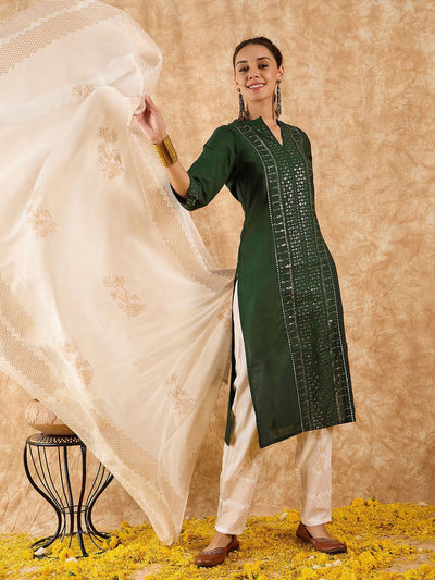 Dhiyona IE Ethnic Motifs Embroidered Straight Sequinned Kurta with Trousers & Dupatta