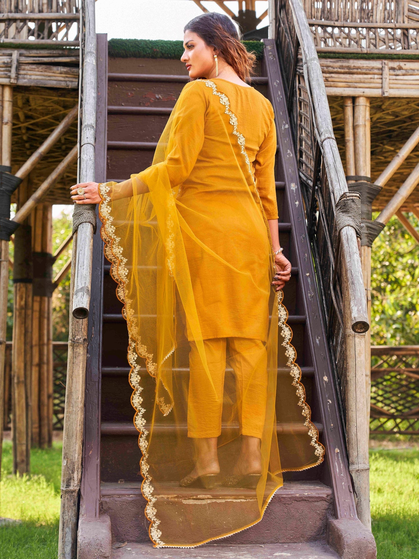 Dhiyona TI Women's Mustard Embroidered Kurta with Net Dupatta��