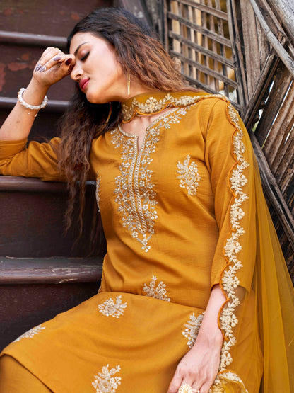 Dhiyona TI Women's Mustard Embroidered Kurta with Net Dupatta��