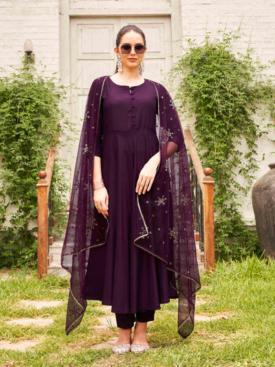 Indyancart TI Women's Burgundy Poly Crepe Solid Flared Kurta with Pant and Dupatta
