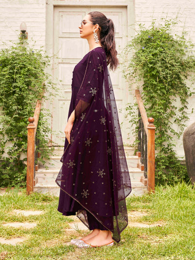 Indyancart TI Women's Burgundy Poly Crepe Solid Flared Kurta with Pant and Dupatta