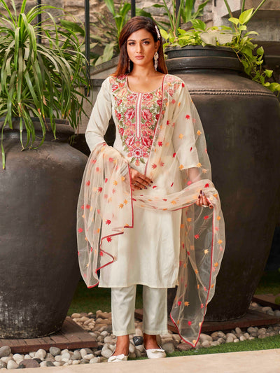 Indyancart TI Women's Off White Cotton Kurta With Parsi Work Neck And Embroidered Dupatta