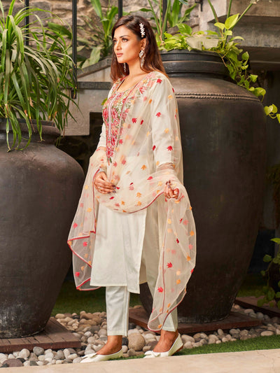 Indyancart TI Women's Off White Cotton Kurta With Parsi Work Neck And Embroidered Dupatta