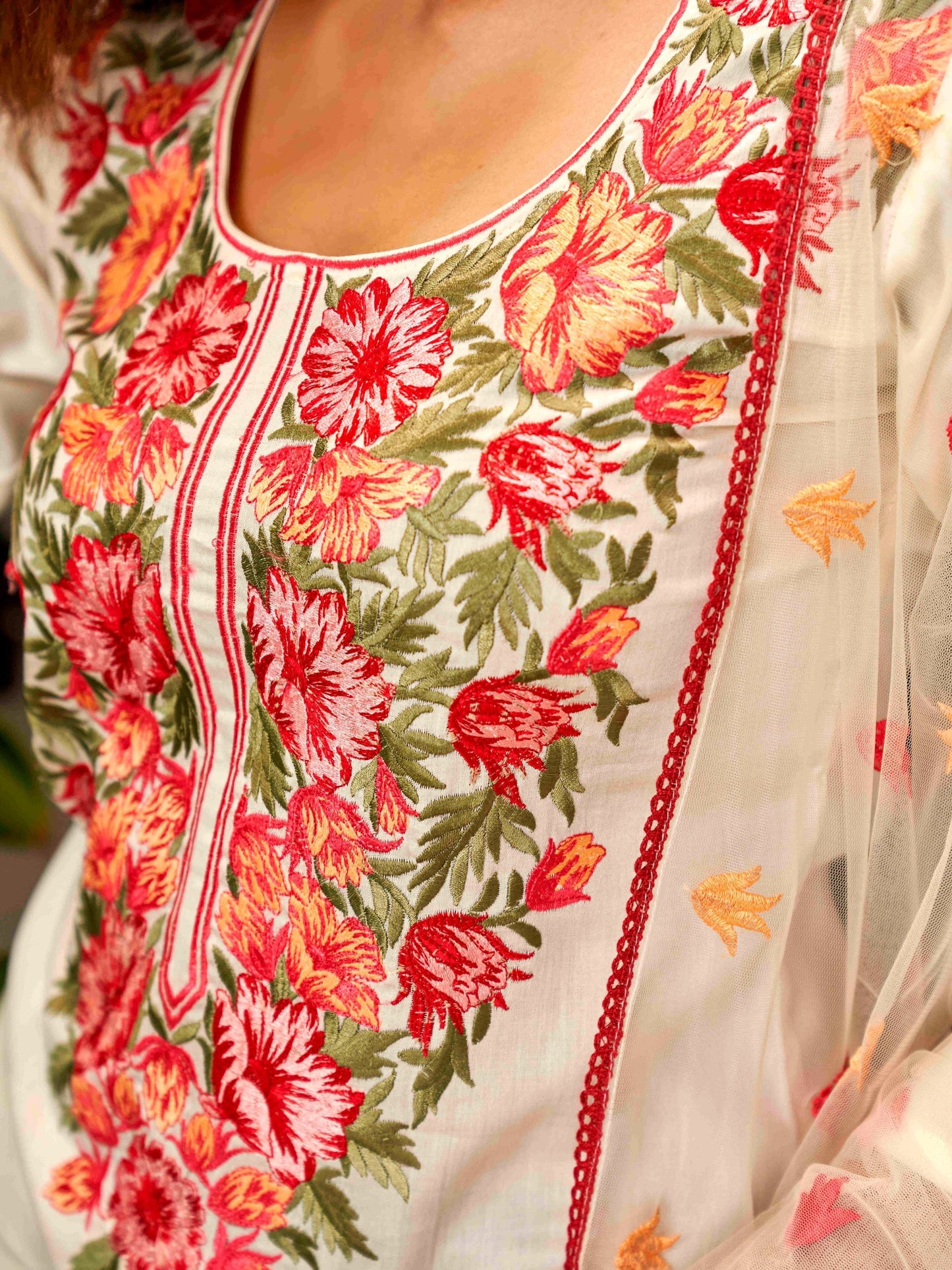 Dhiyona TI Women's Off White Cotton Kurta With Parsi Work Neck And Embroidered Dupatta